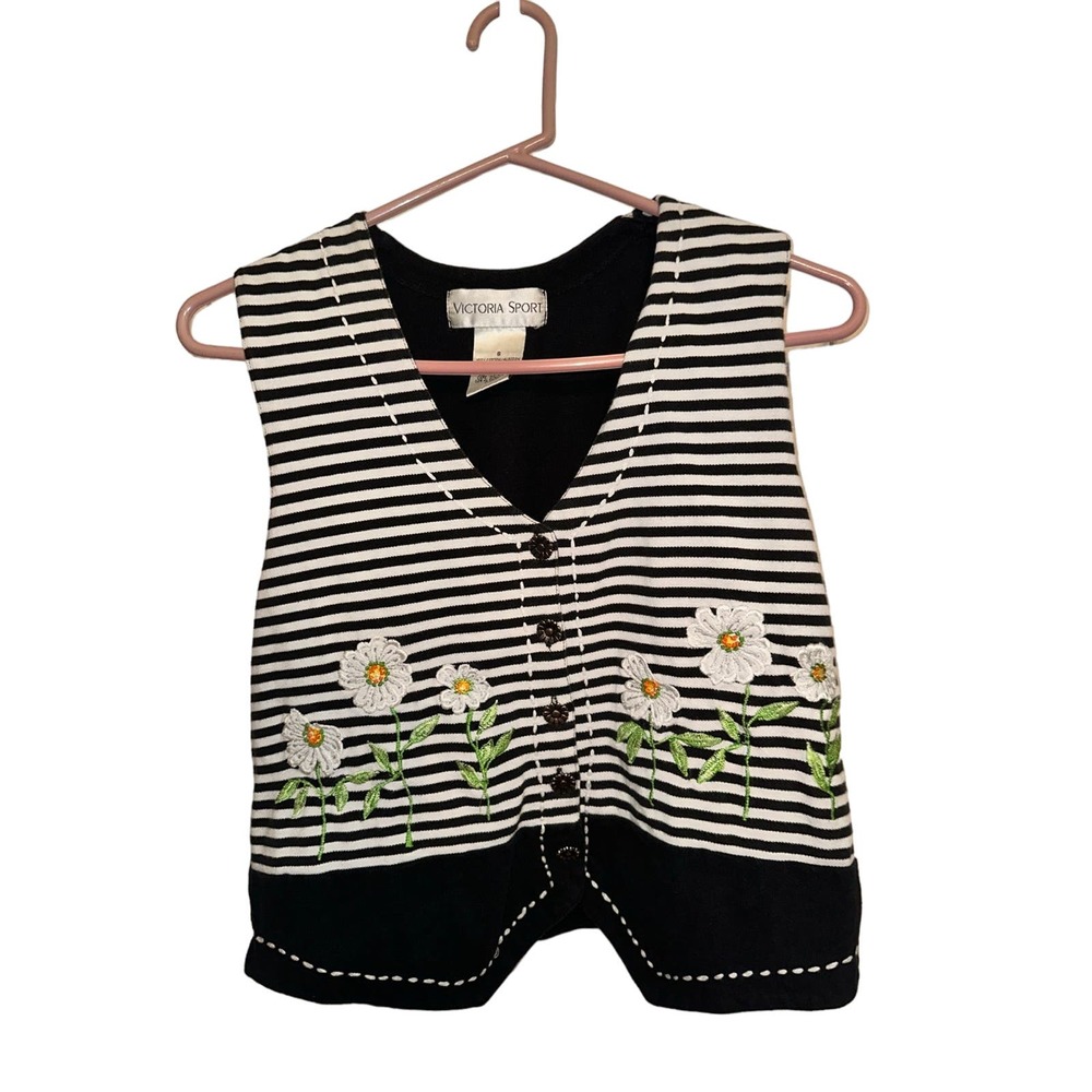 Victoria Sport Vintage Striped Daisy Flower Vest Small Gem